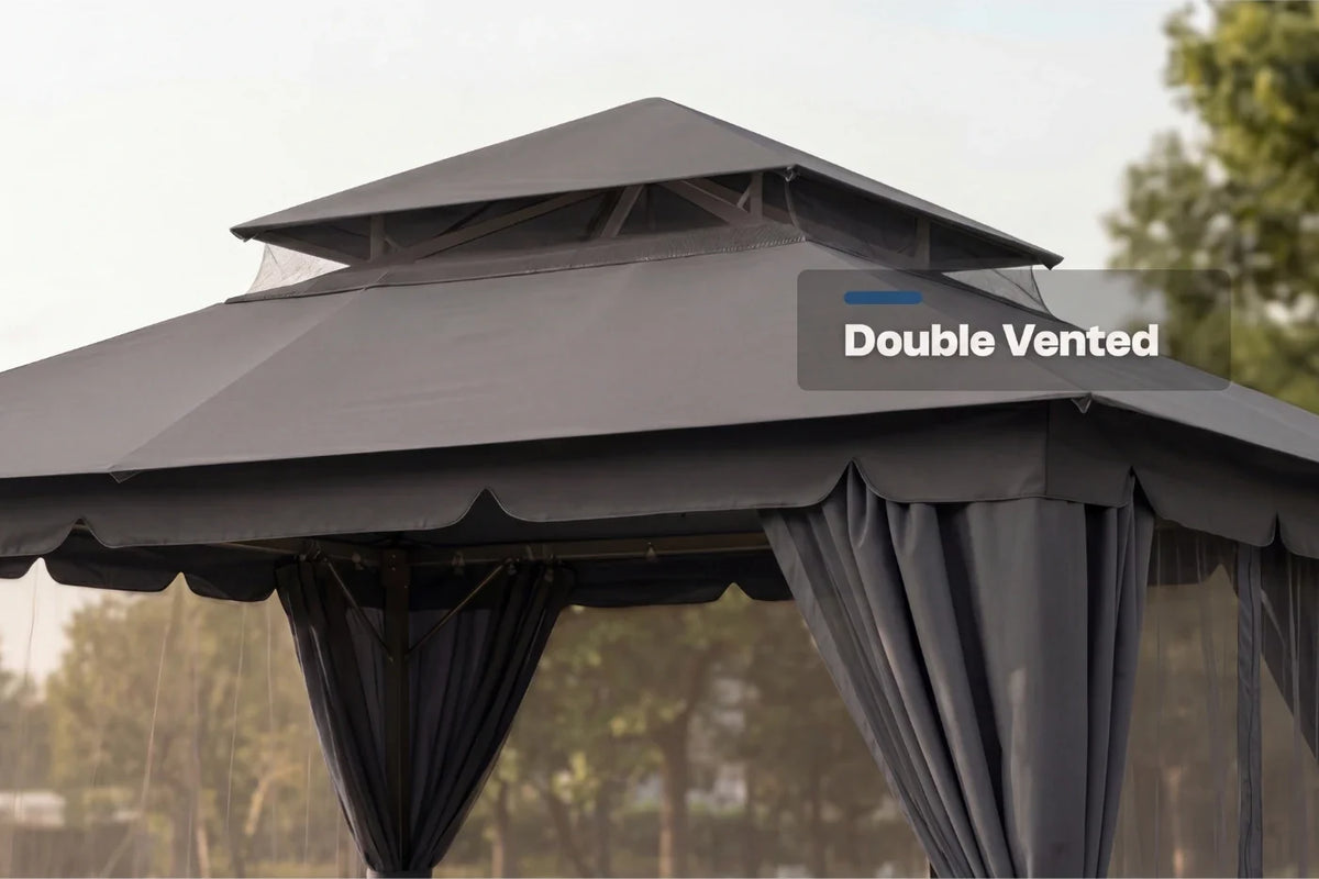 Double-vented gazebo with curtains and 'Double Vented' label.