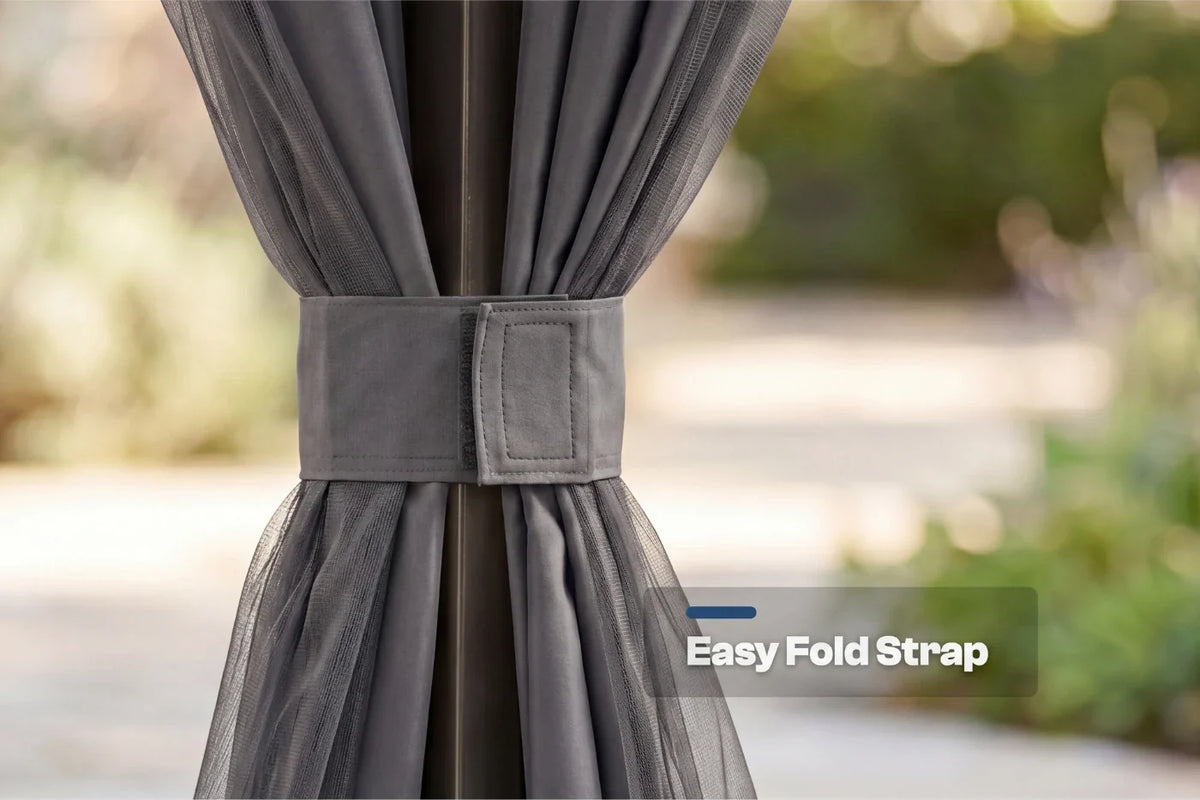 Gray curtain with an Easy Fold Strap against a blurred outdoor background