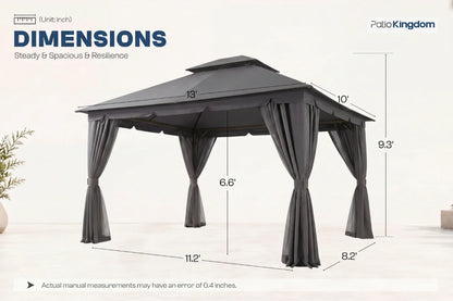 Measurement chart of a gray gazebo with dimensions labeled, featuring the brand 'Patio Kingdom'.