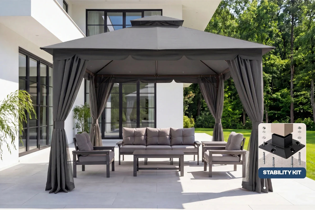 Outdoor patio set with gazebo and furniture on a patio