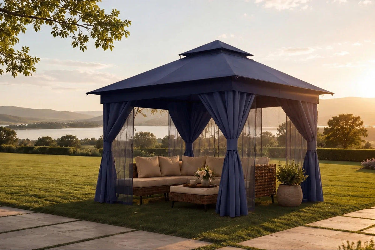 Gazebo with outdoor furniture and curtains in a scenic outdoor setting
