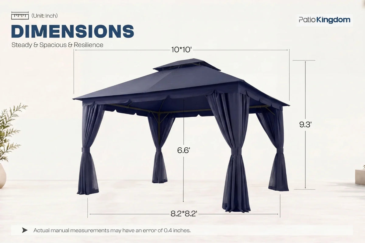 Navy blue gazebo with dimensions labeled on a white background