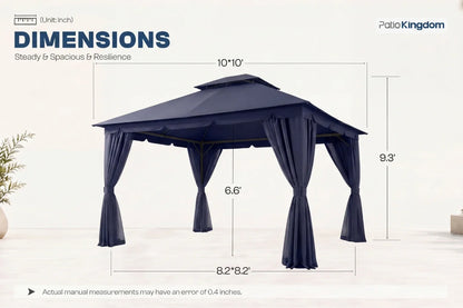 Navy blue gazebo with dimensions labeled on a white background