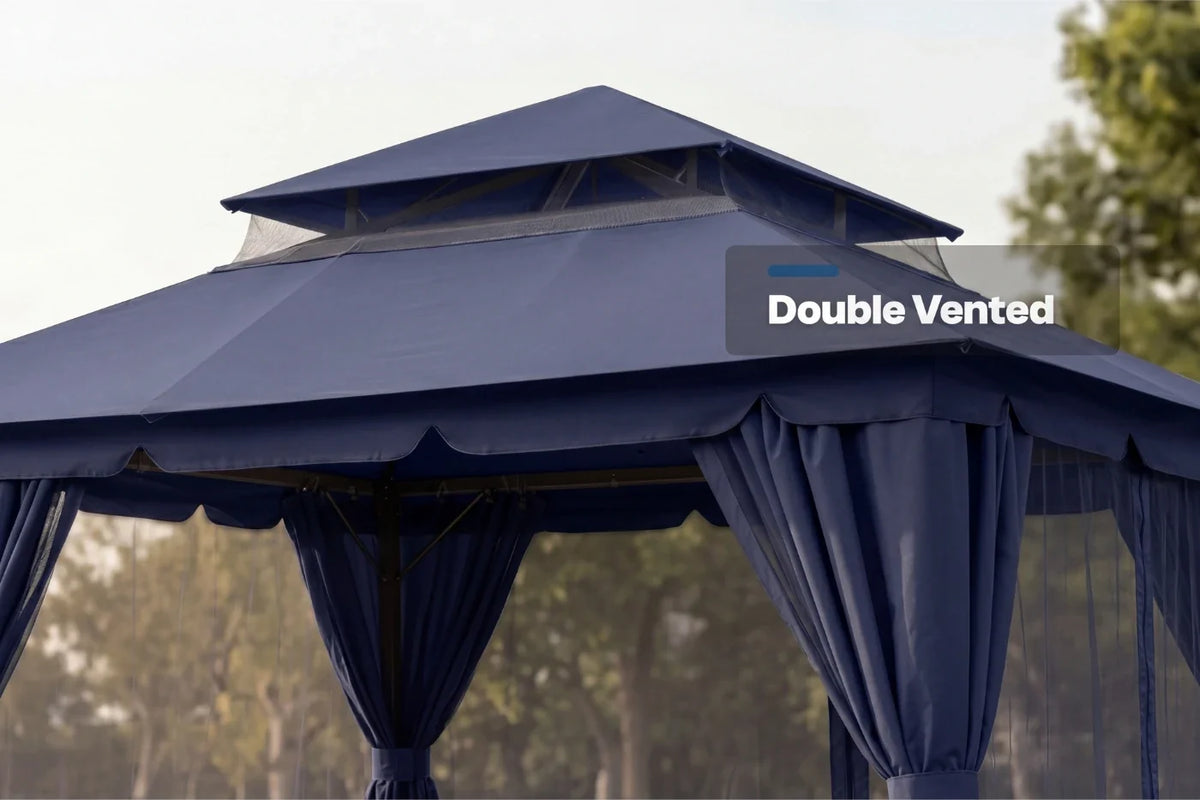 Navy blue double-vented gazebo with curtains against a blurred outdoor background
