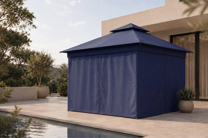 Navy blue gazebo with a canopy on a patio area near a pool