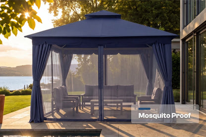 Navy blue mosquito proof gazebo with outdoor furniture on a patio, featuring a scenic background.