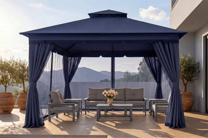 Outdoor gazebo with curtains, furniture, and a scenic view.