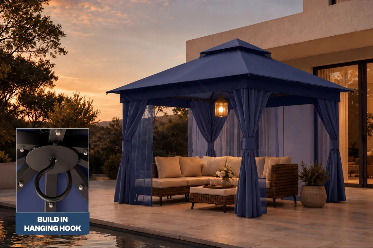 Navy blue gazebo with hanging hook on a patio at sunset