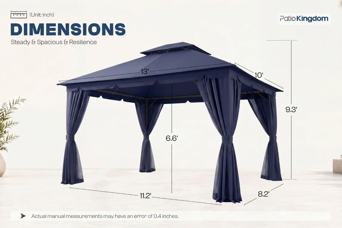 Navy blue gazebo with dimensions labeled on a white background