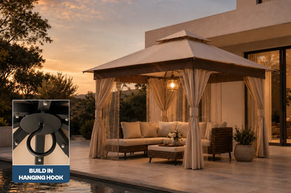 Outdoor patio with gazebo, furniture, and a close-up of a hanging hook feature.