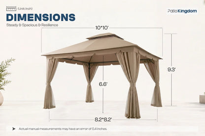Dimensions of a patio gazebo with curtains on a white background