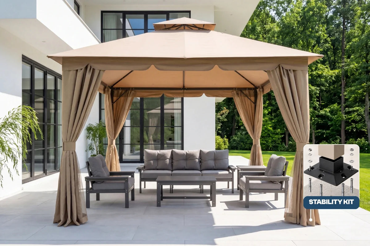 Outdoor gazebo with seating area and stability kit on a patio