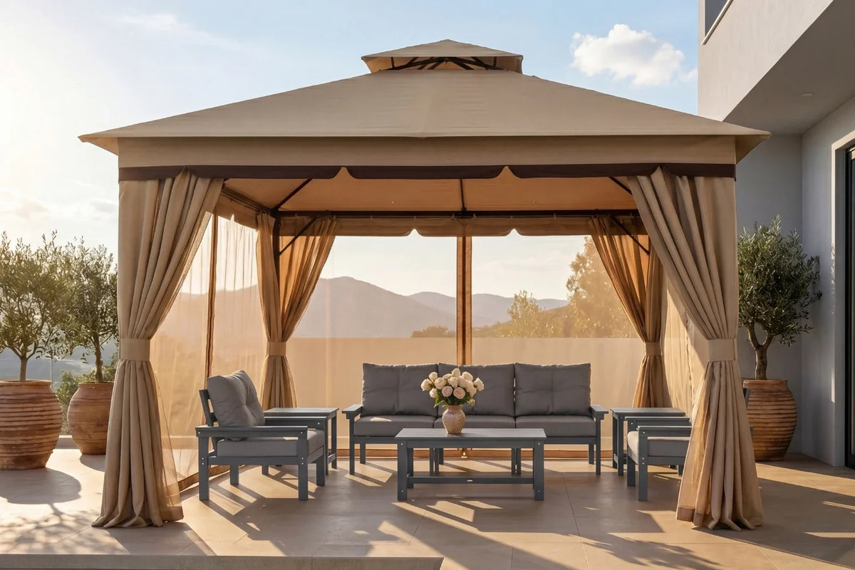 Outdoor gazebo with curtains, furniture, and a view of mountains.