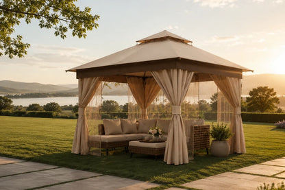 Outdoor gazebo with seating area in a garden setting during sunset.