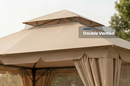 Sand khaki double-vented gazebo with curtains on a blurred natural background