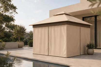 Sand khaki outdoor gazebo with a modern house and pool in the background
