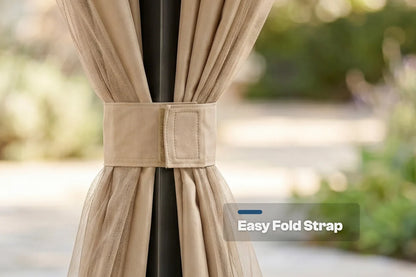 Sand khaki curtain with an Easy Fold Strap against a blurred outdoor background