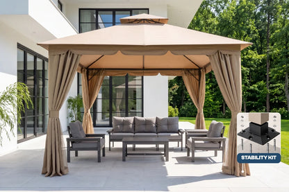 Outdoor gazebo with seating area and stability kit on a patio