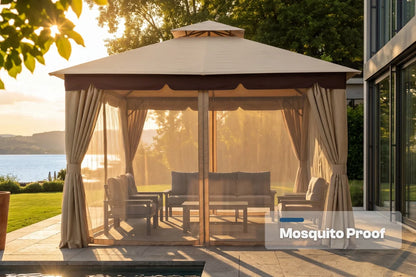 Mosquito proof gazebo with outdoor furniture on a patio by a body of water.