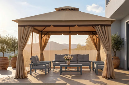 Outdoor gazebo with curtains, furniture, and a view of mountains.