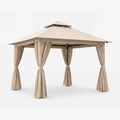 Beige outdoor gazebo with curtains on a white background