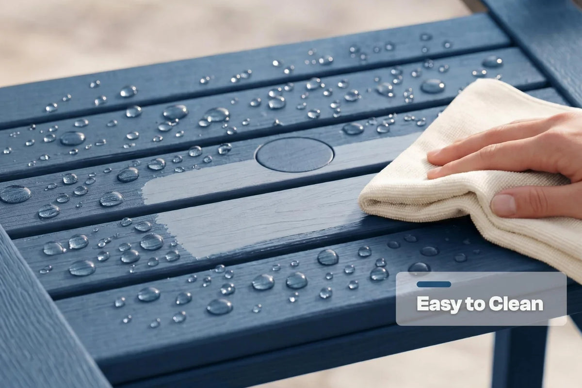 Hand cleaning a blue table with water droplets using a white cloth, with 'Easy to Clean' text overlay.
