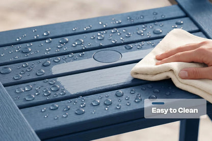 Hand cleaning a blue table with water droplets using a white cloth, with 'Easy to Clean' text overlay.