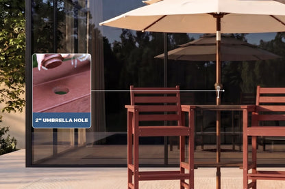 Outdoor patio setting with HDPE chairs and a large umbrella, featuring an inset image of an umbrella hole.