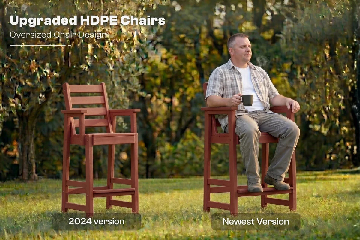 Man sitting on an upgraded HDPE chair outdoors with text indicating it's the newest version.
