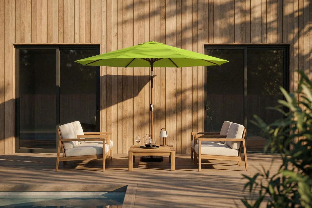 Outdoor patio set with two chairs and a table under a green umbrella against a wooden wall.