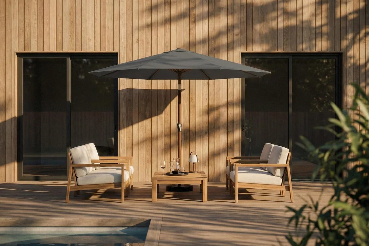 Outdoor patio set with two chairs, a table, and an umbrella against a wooden wall.