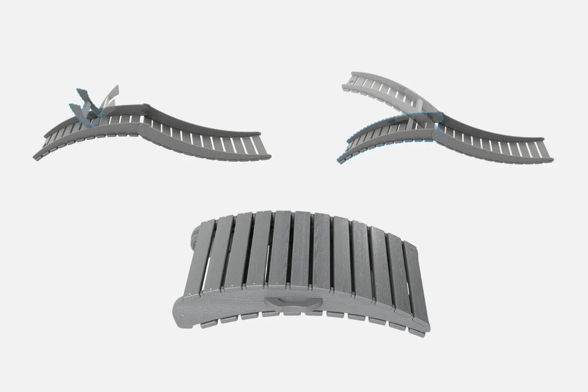 Three gray plastic track pieces on a white background