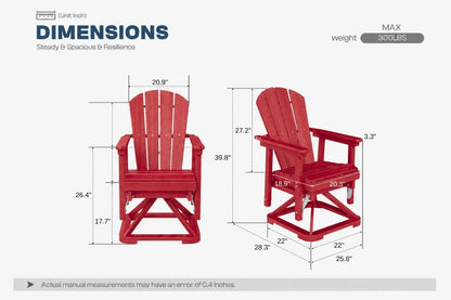 Red Adirondack chair with dimensions on a white background