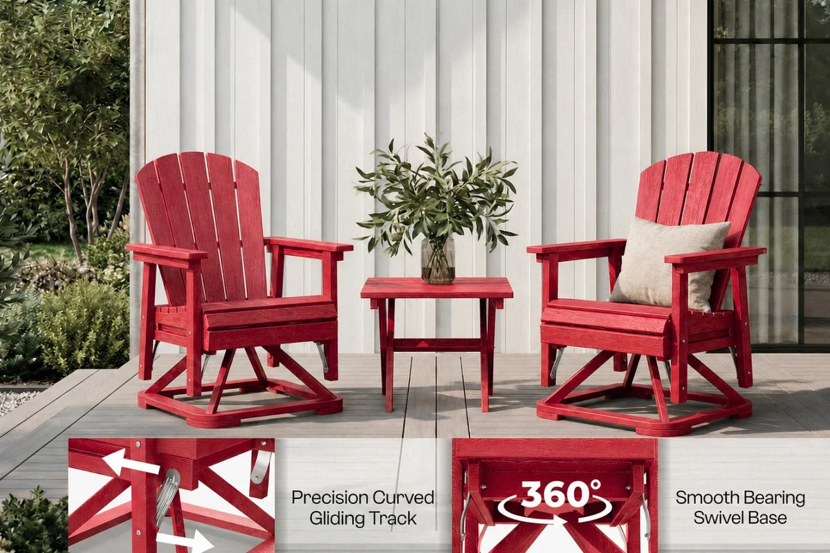 Two red Adirondack chairs with a small table on a patio, featuring text about product features.
