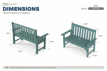 Dimensions of a green bench on a white background