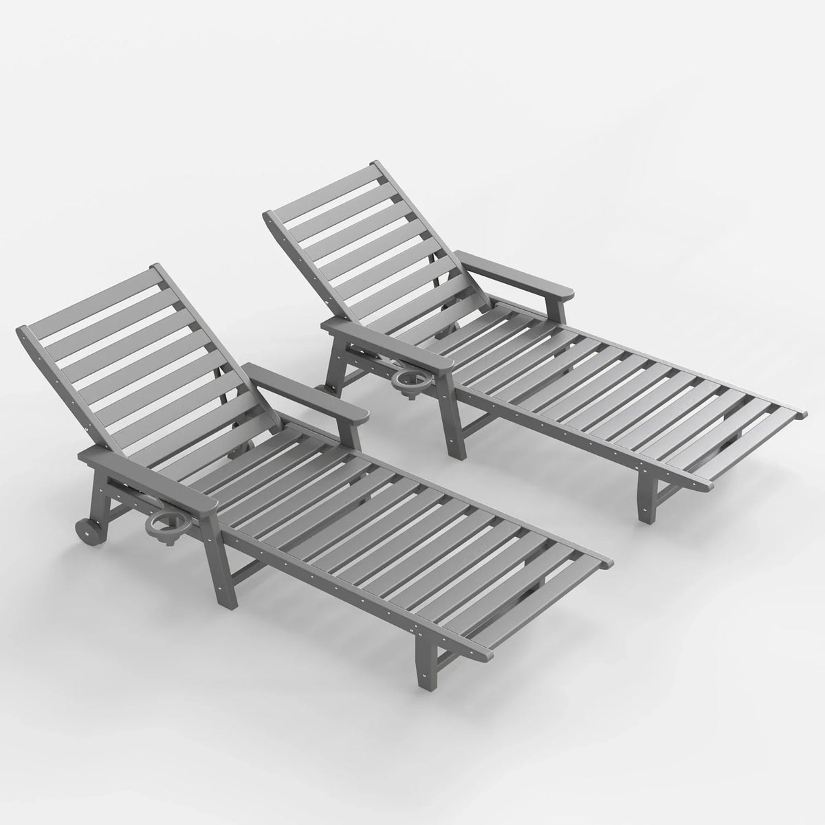 Two gray lounge chairs on a white background