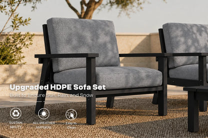 Outdoor patio armchair set with gray upholstered cushions and black metal frames, shown in a real garden setting with text overlay reading 'Upgraded HDPE Sofa Set' and feature icons.