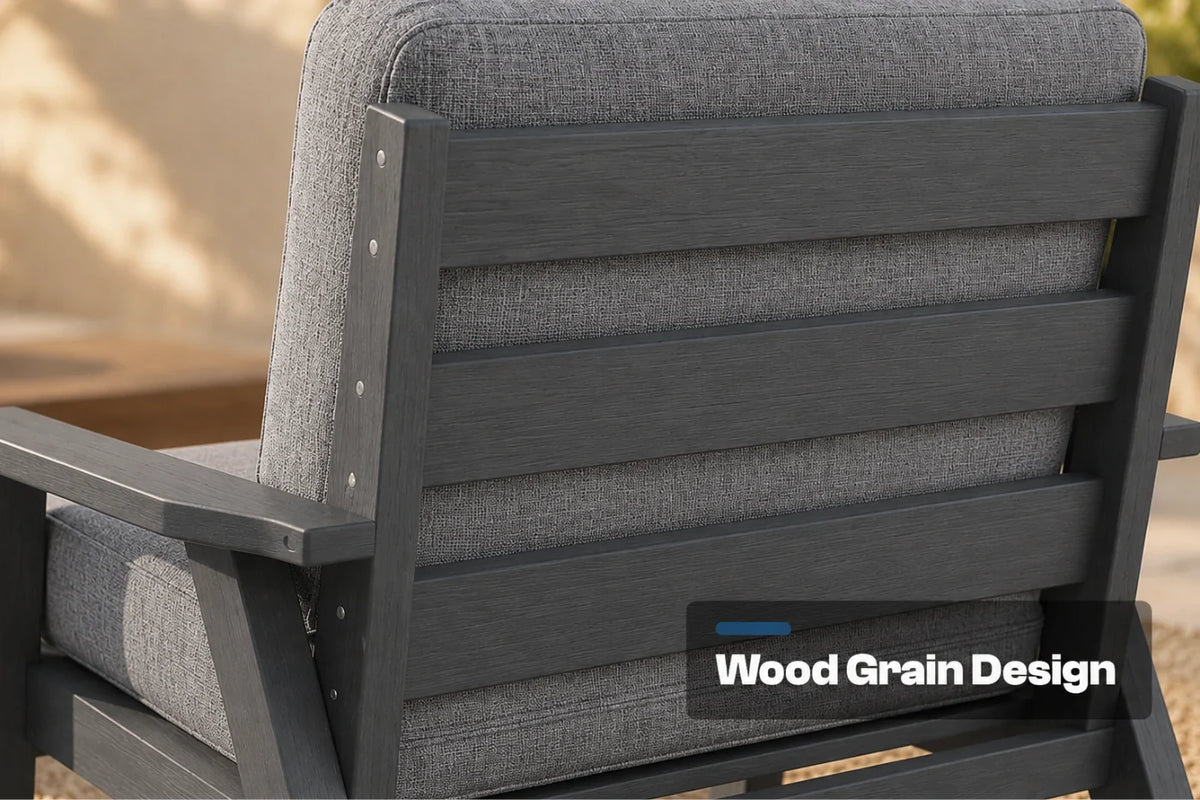 Close-up of the back of a modern outdoor chair with a dark gray wood-look frame and textured gray fabric cushions, featuring a text overlay that reads 'Wood Grain Design'.