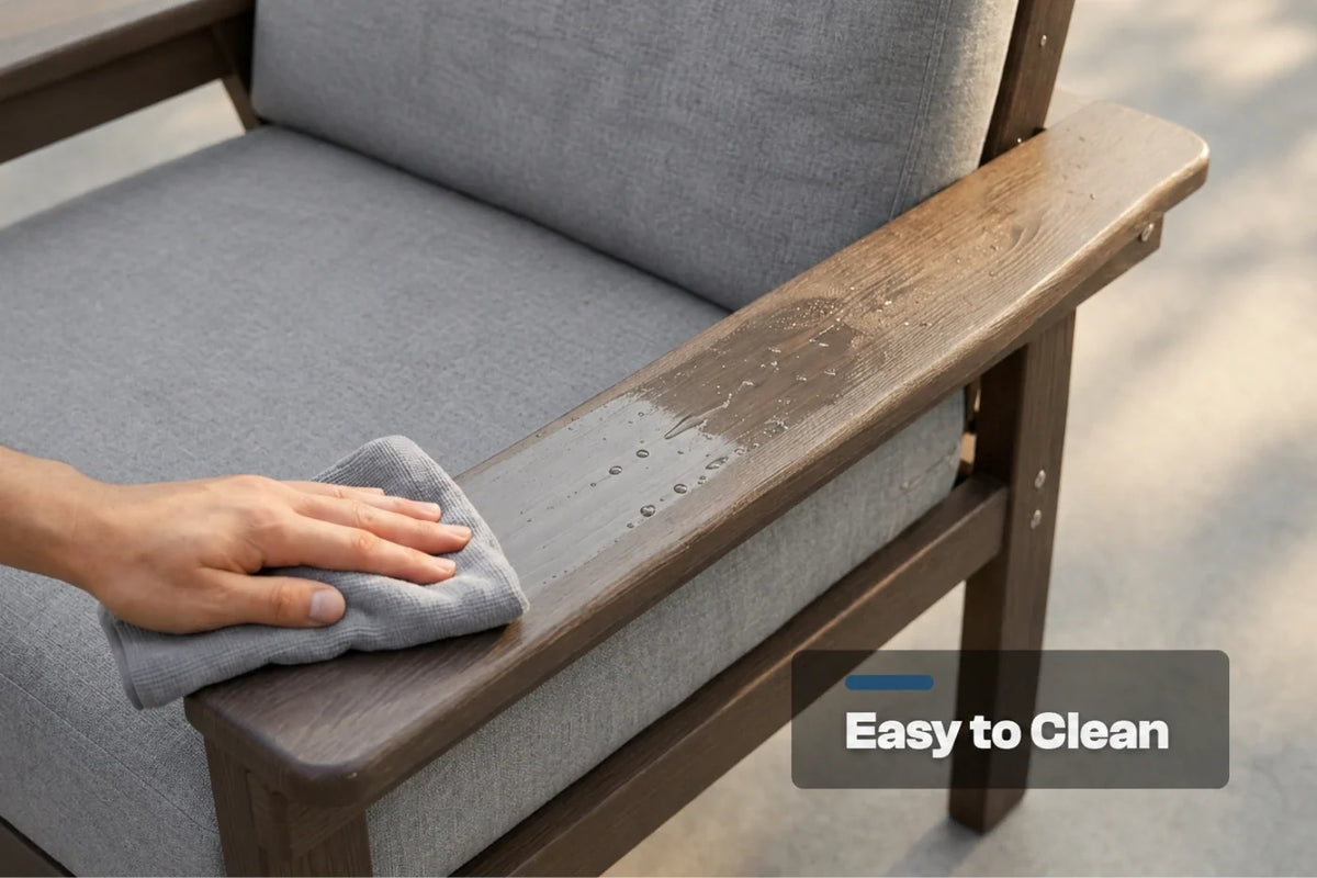 A close-up of a hand wiping down a brown armrest of a gray upholstered outdoor chair with a gray cloth. The text 'Easy to Clean' appears in the lower right corner.