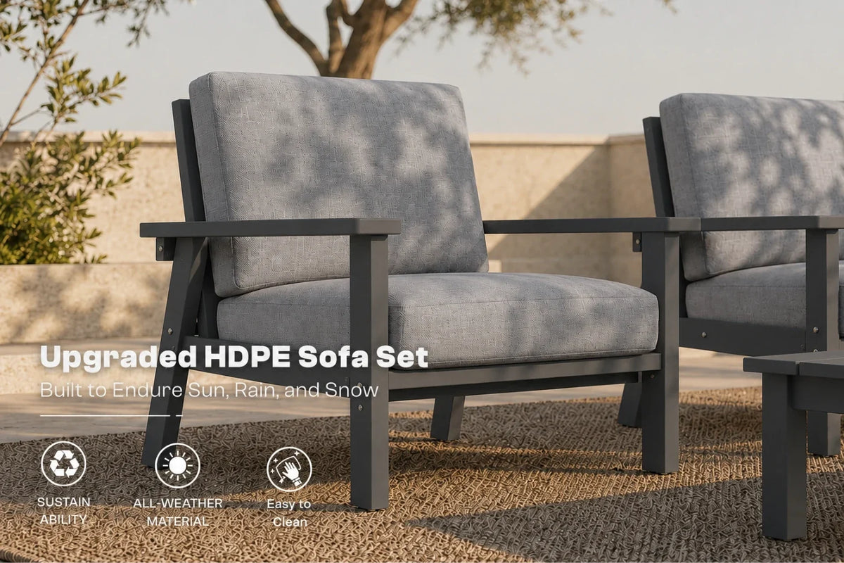 An outdoor patio scene showing two gray armchairs with dark gray frames, alongside a matching side table. Text on the left reads 'Upgraded HDPE Sofa Set' with feature icons below, set against a blurred patio background with a tree and wall.