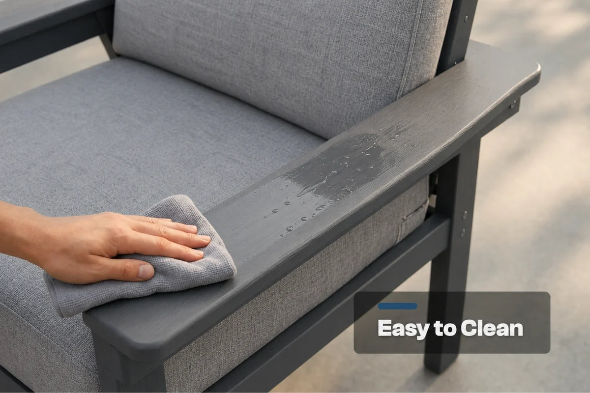 A close-up of a person's hand wiping down the armrest of a gray outdoor patio chair with a gray cloth. The chair has a dark gray frame and textured gray fabric cushions.