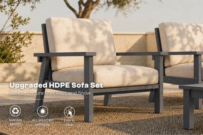Two outdoor patio armchairs with dark gray frames and creamy white cushions, shown on a patio with text overlay 'Upgraded HDPE Sofa Set' and feature icons.