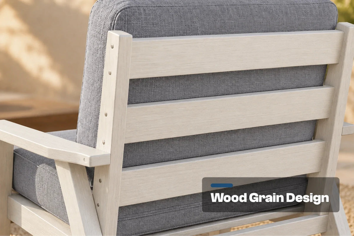 Close-up of the back of an outdoor patio chair with creamy white wood-look slats and gray cushions, featuring a text overlay that reads 'Wood Grain Design'.