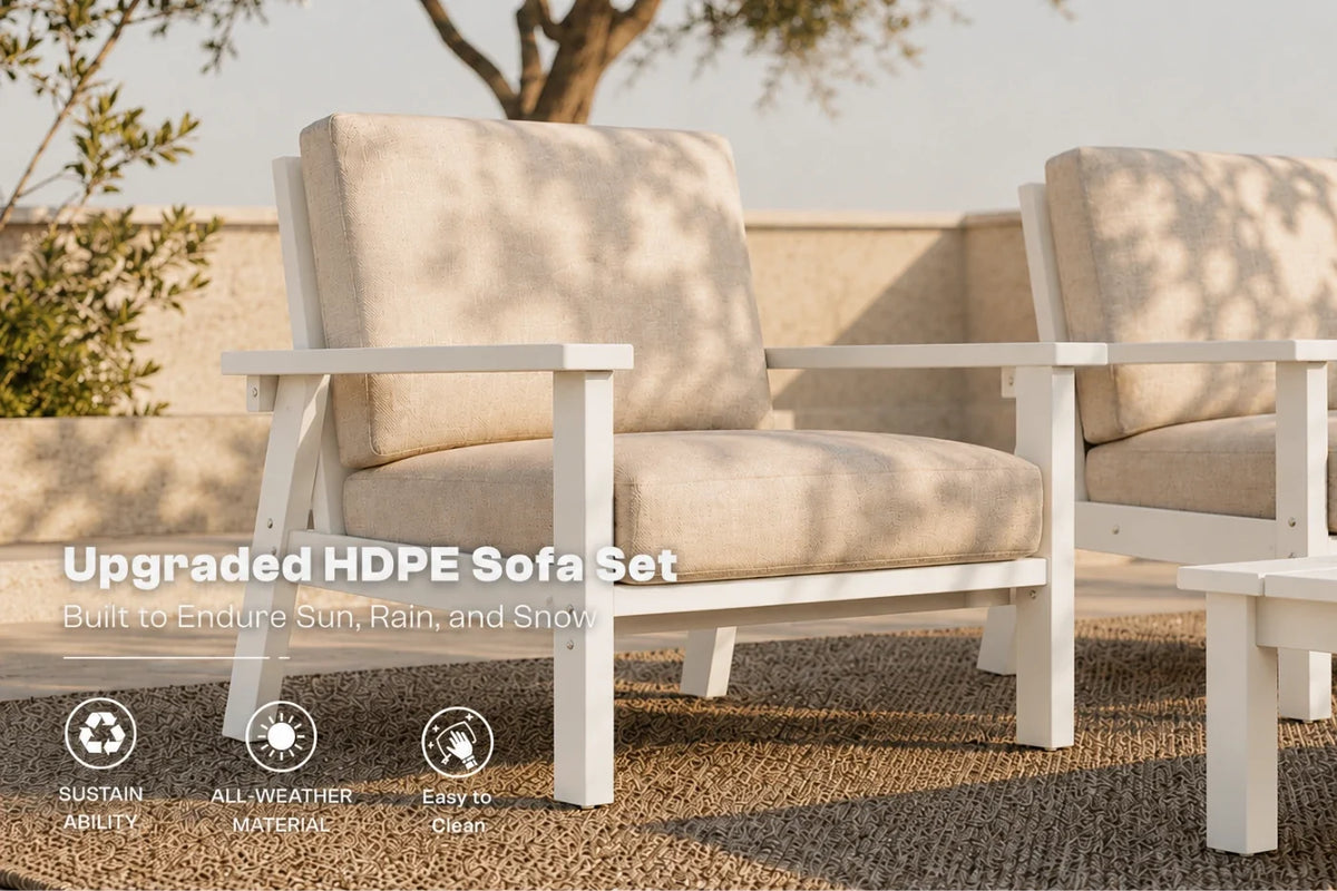 Outdoor patio seating set with creamy white framed armchairs and a matching side table, shown on a woven rug with text overlay reading 'Upgraded HDPE Sofa Set' and feature icons below.