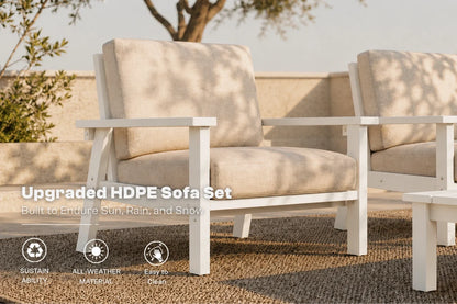 Outdoor patio seating set with creamy white framed armchairs and a matching side table, shown on a woven rug with text overlay reading 'Upgraded HDPE Sofa Set' and feature icons below.