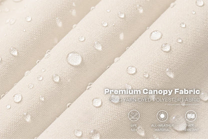 Close-up of creamy white canopy fabric with water droplets on a folded surface, with text reading 'Premium Canopy Fabric' and small feature icons below.